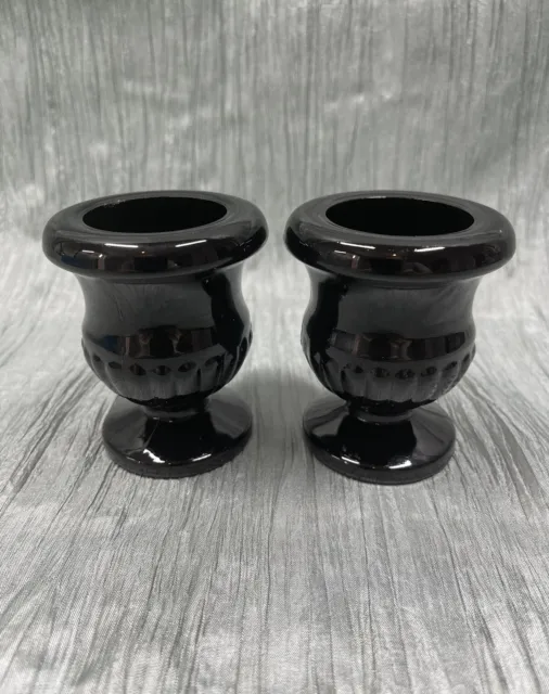 Pair of Vintage Gloss Black Glass Mini-Urns