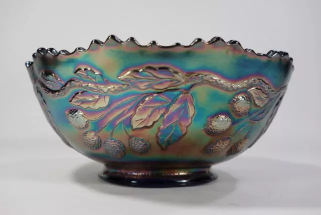 Antique Vintage Fenton Carnival Glass Cobalt Blue Orange Tree Bowl Iridescent Af