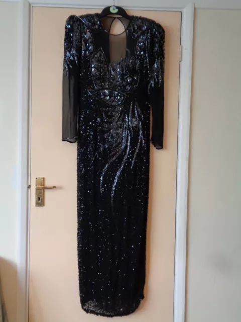 VINTAGE 1980's OLEG CASSINI BLACKTIE RANGE BLACK SEQUINED EVENING DRESS SIZE 12