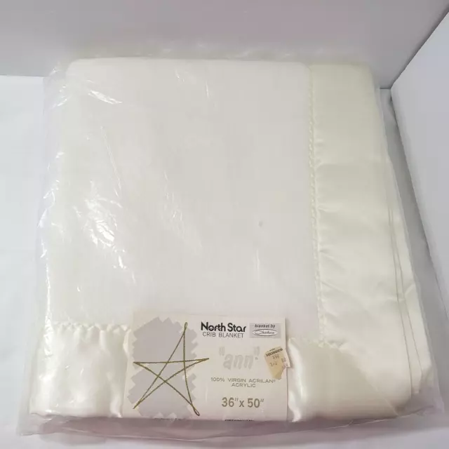 Vtg SEALED Crib Baby Blanket Cream Satin Edge USA Acrylic North Star Chatham