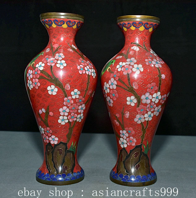 10.2" Old Chinese Qianlong Marked Cloisonne Bronze Flower Magpie Bird Vase Pair