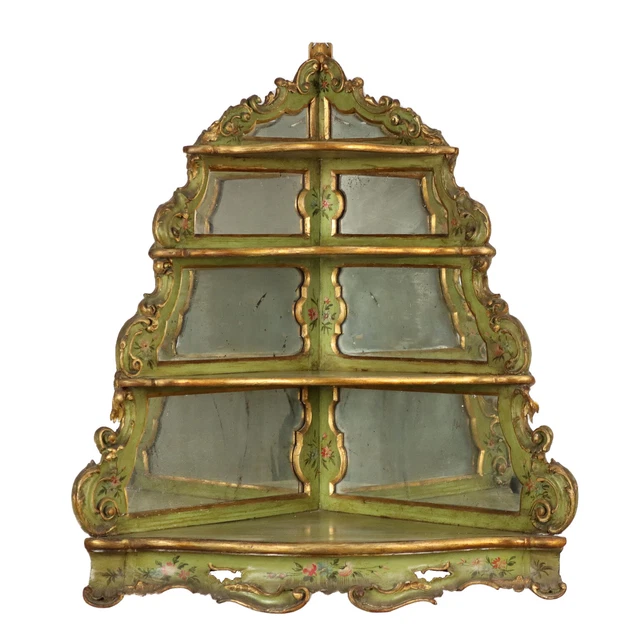 Angoliera Antica Rococò Venezia '900 Legno Laccato Decori Floreali Oro Specchi