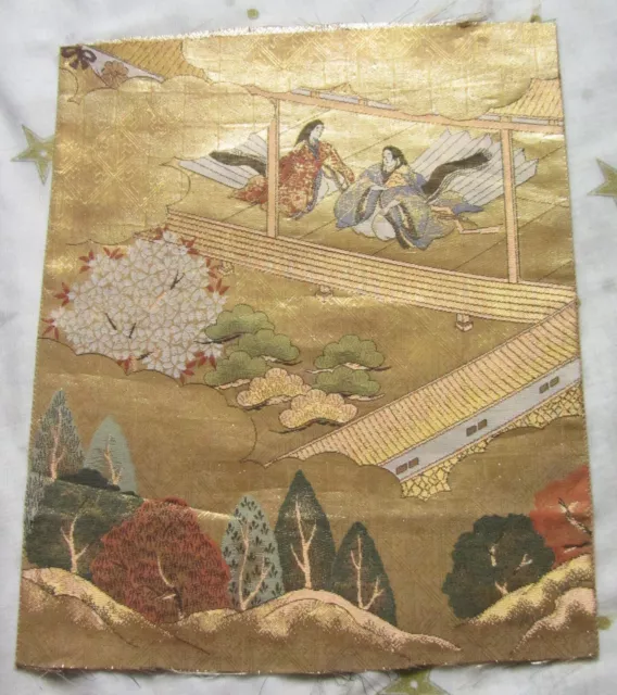Vintage Japanese Kimono Wedding Fukuro Obi Silk Piece Landscape Noble Ladies 2