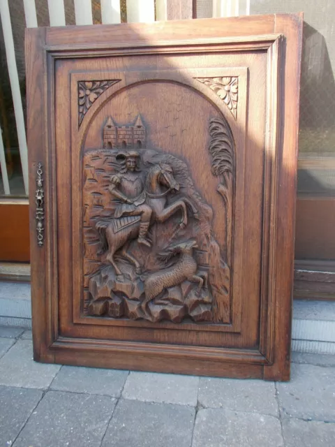 French Antique Hand Carved Large Wood Door Panel -  Horse Man Hunting Sculpture 2