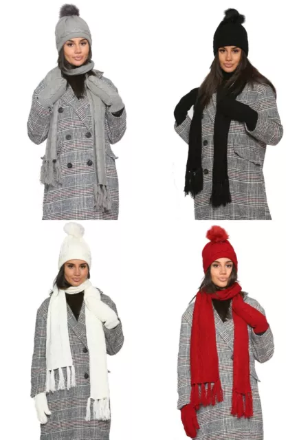 Women Ladies Knitted Woollen Wooly Hat Scarf & Mitten Set Warm Cozy Soft