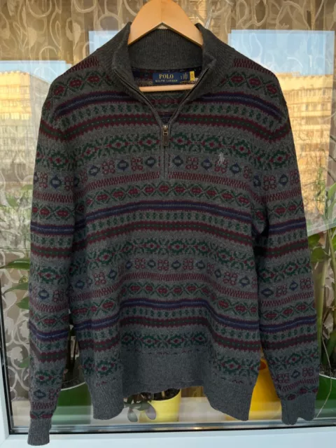 POLO RALPH LAUREN FAIR ISLE WOOL CASHMERE Knit PULLOVER Sweater 1/4 Zip Sz L Men