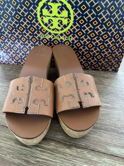 Tory Burch Ines Wedge Slide Sandal Womens 7.5 Tan Leather Wood Platform