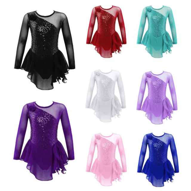 Girls Figure Ice Skating Dress Mesh Splice Ballet Gymnastics Leotard Dancewear