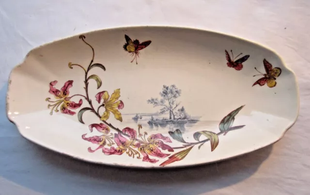 Petit plat, ravier polychrome, Lunéville Art Nouveau: Orchidées Papillons