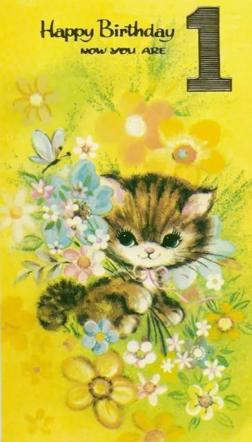 1st Happy Birthday Vintage Girls Greeting Card Cute Cat Baby's First 1 Year Old