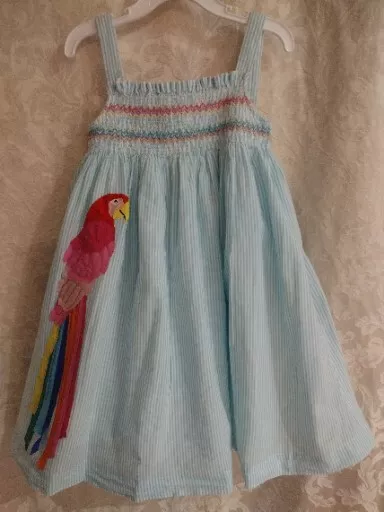 Mini Boden Smocked Dress Parrot On Blue Seersucker Girls Size 6-7