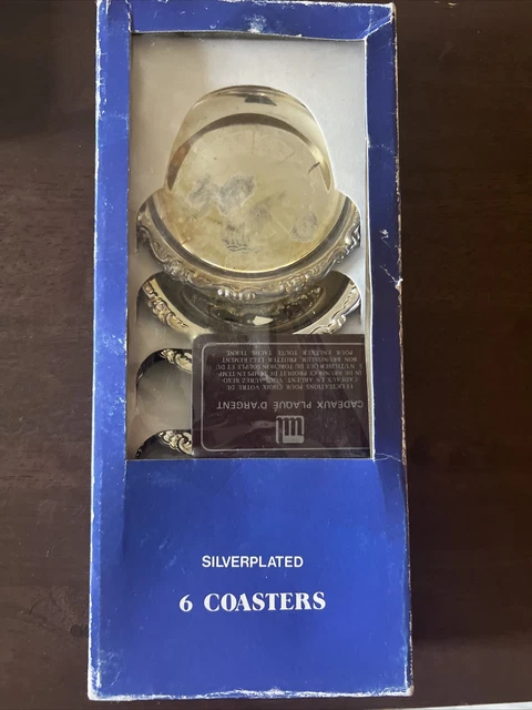 Vintage Set Of 6 Silver Plated Beverage Coasters In Box
