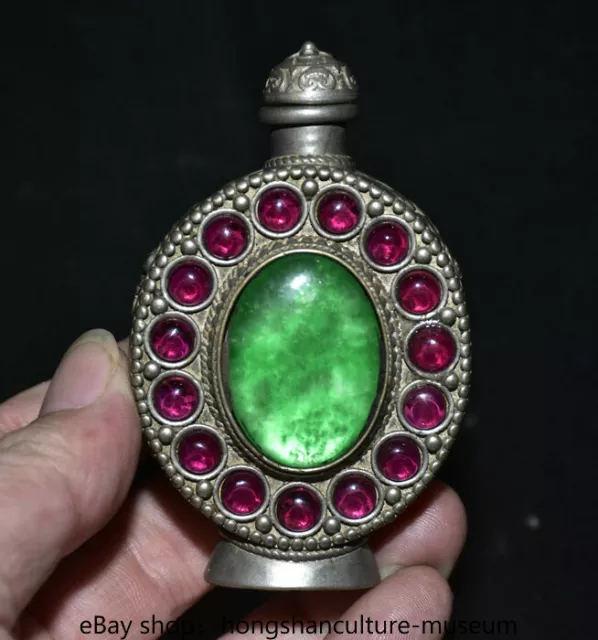 3.6" Old china silver inlay green jade dynasty palace flower snuff bottle 1106