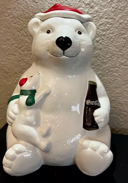 Vintage 1998 Teleflora Coca-Cola Polar Bear Santa Hat Cookie Jar Retired