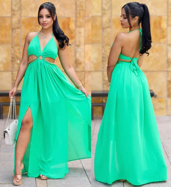 Sexy Women's Green Print Cut Out Sides Halter Neck Maxi Dress