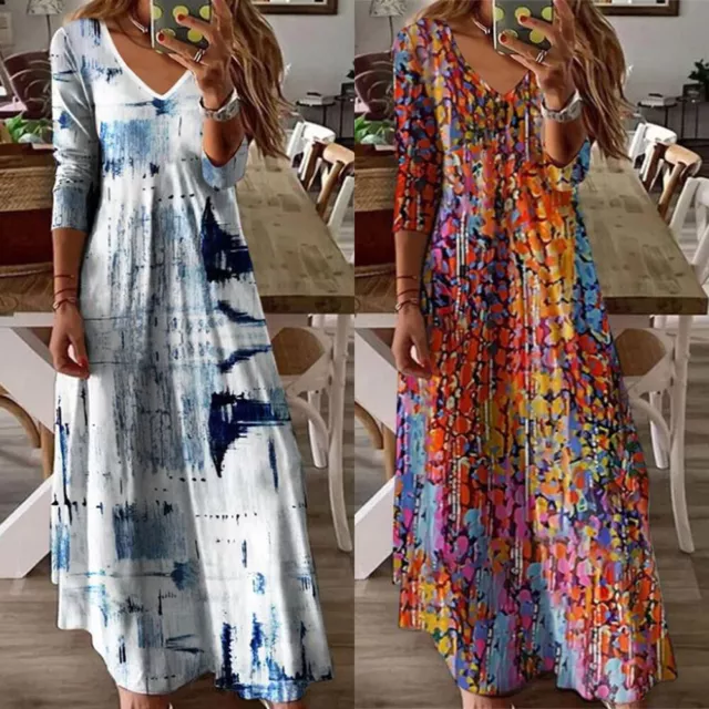 Women Floral Boho Maxi Dress Ladies V Neck Summer Holiday Swing Dresses Size 20