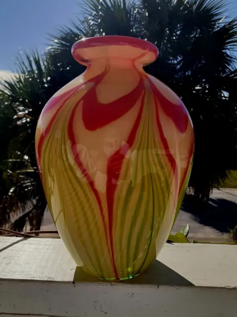 Handblown French Feather Art Glass Vase 9.5"T Beautifully Designed Unmarked