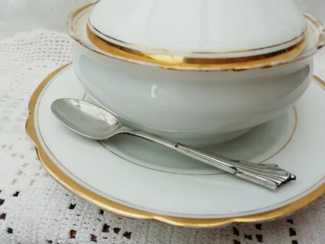 Antique Victorian French White Gold Lidden Tureen Integrated Saucer SP Spoon 2