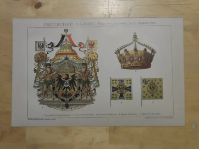 Orig.(1893) Chromolithographie Deutscher Kaiser Wappen Kronen Standarten (B2)