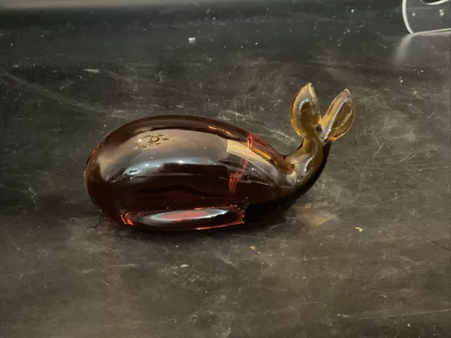 mid century modern viking glass Amber Whale Paperweight 5 In