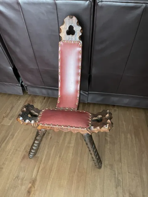 Vintage Antique Birthing Chair Folk Primitive Stool Wood 3 Leg Chair