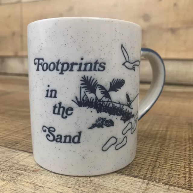 FOOTPRINTS IN THE SAND  Blue and  White Speckled Ceramic COFFEE CUP MUG EUC