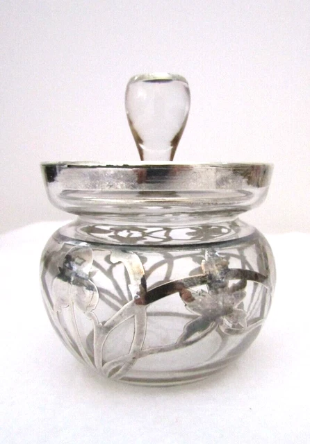 Art Nouveau Sterling Silver Overlay Glass Mustard Jam Condiment Pot Jar 2" H