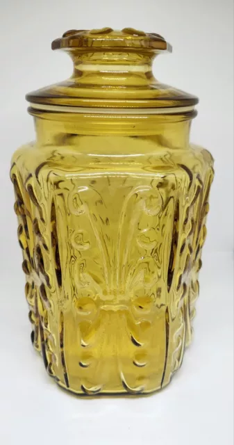 Vintage L E Smith Imperial Atterbury Scroll Amber Glass Storage Jar with Lid 9"