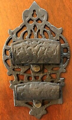 Antique Cast Iron Primitive Double Pocket Ornate Match Holder With Wall Mount