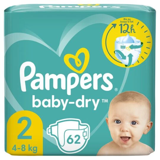 LOT DE 2 - PAMPERS - Baby-Dry Taille 2 4kg-8kg Couches Bébé - paquet de 62 couch