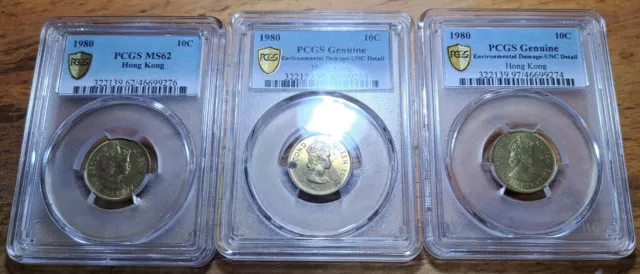 hong kong 10 cents 1980 PCGS MS 62,UNC details lof of 3