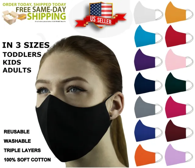 5 Face Masks Set in 3 sizes Triple Layers 100% Cotton Washable Reusable W/Pocket