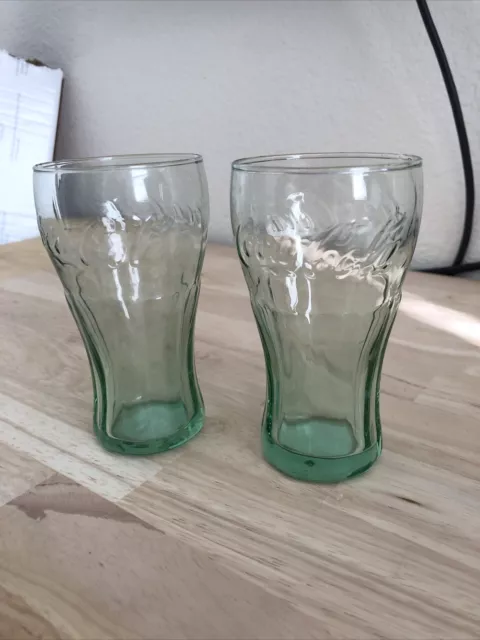 Vintage Small Green Glass Coca Cola Cups 4.5 inches Mini Juice Shot Set of 2