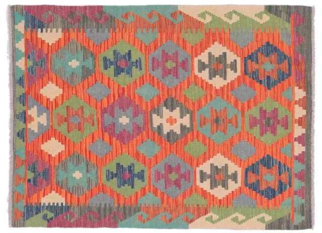 Afghan Maimana Kilim Carpet 100x140 Hand Woven Colourful Geometric Handmade D
