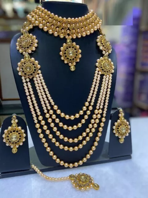 Vergoldet Indisch Perle Braut Halskette Ohrringe Hochzeit Modeschmuck Set