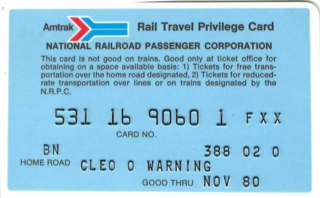 Vintage 1980 AMTRAK Rail Travel Privilege Card Ntnl Railroad Passenger Corp. E1