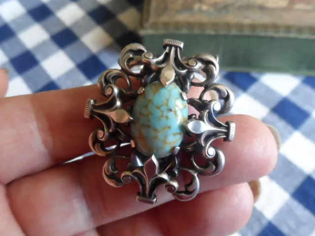 broche ancienne pince foulard argt cabochon turquoise breveté