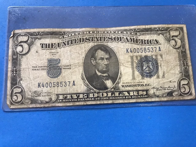 1934 A Blue Seal $5 Five Dollar Silver Certificate .....Lot #21b