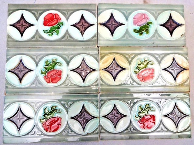 Antique Tile Japan Dk Majolica Ceramic Porcelain Border Flower Design 6 Pc Lot