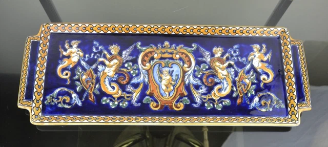 Plat à cake en faïence signé GIEN modèle RENAISSANCE Plateau Service Bleu