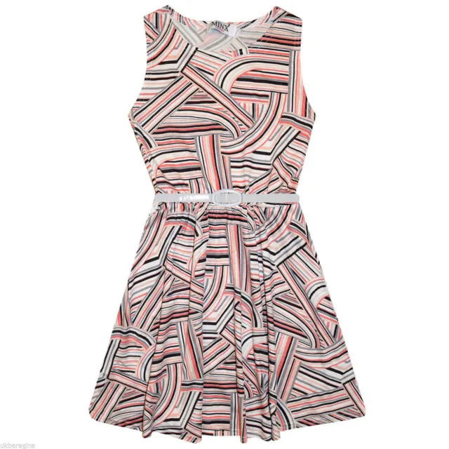 Girls Kids Abstract Striped Skater Dress Belt Pink Summer Age 7 8 9 10 11 12 13