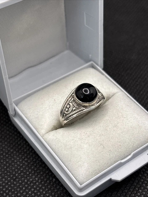 Bague Ancienne En Argent Massif 925 - Jonc Alliance Avec Onyx - Taille 49 - Vintage