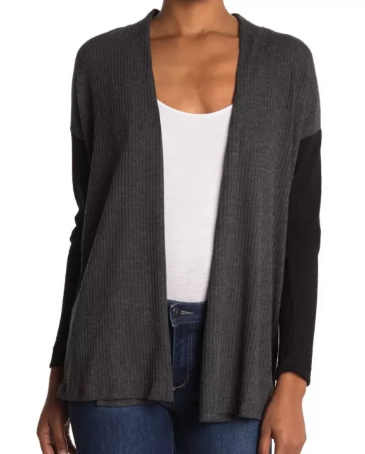 Bobeau NEW M Medium Open Front Waffle Knit Cardigan Gray Black Colorblock Womens