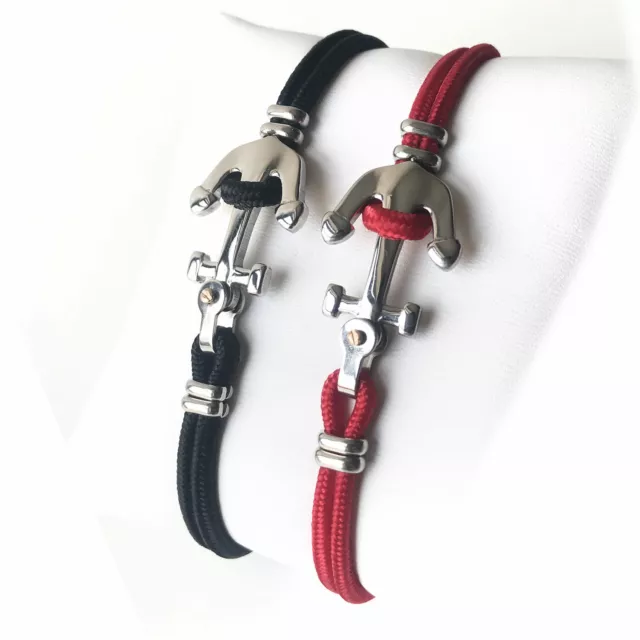 Silver Anchor Bracelet Black Red Nautical Rope Adjustable Waterproof