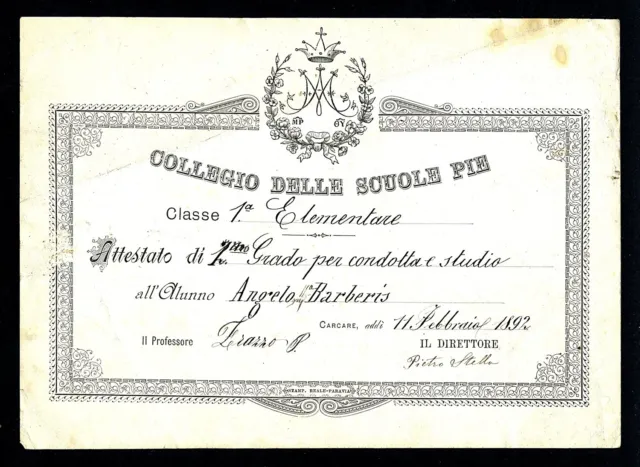 Diplomino di 1° elementare anno 1892 Carcare SV