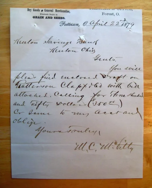 1879 Hand Written Document to Ohio Bank