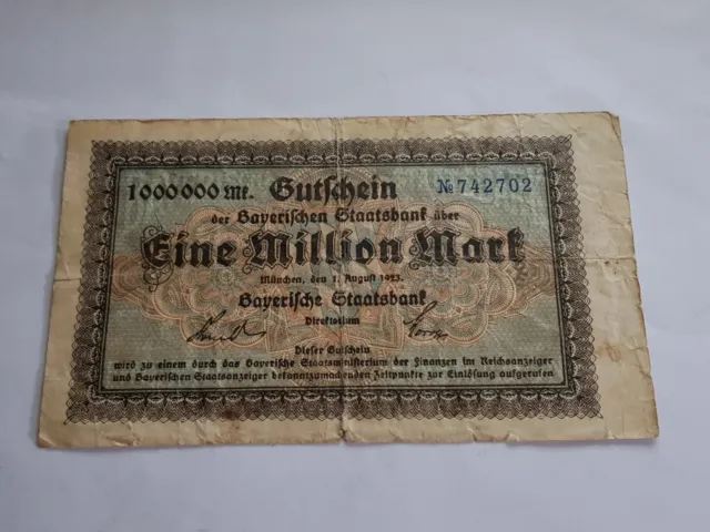 Gutschein Bayerische Staatsbank Inflation - Eine Million 1.000.000 Mark 1.8.1923