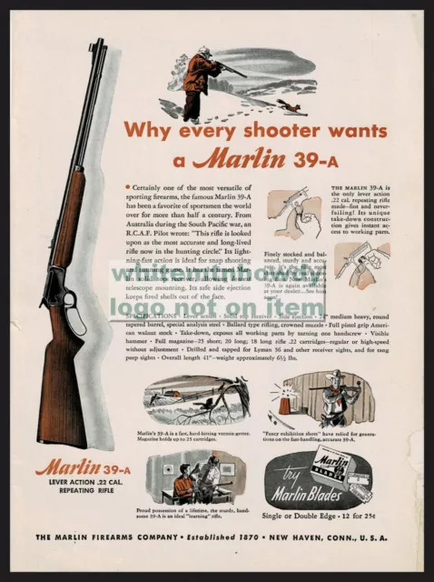 1948 MARLIN Model 39-A Lever Action .22 Repeating Rifle PRINT AD Gun Advertising