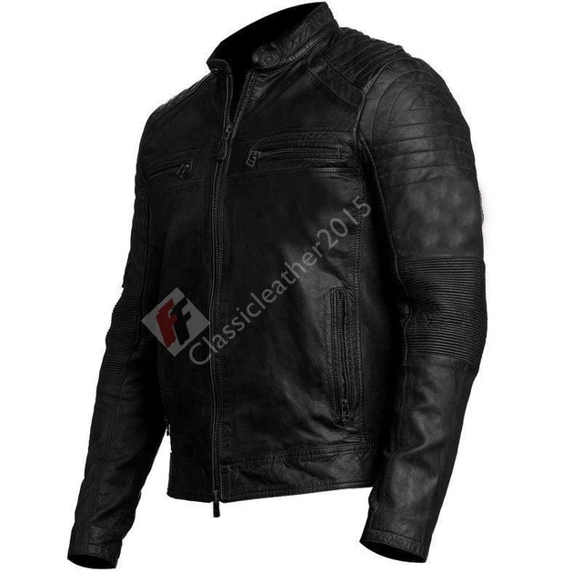 Mens Biker Vintage Motorcycle Distressed Black Cafe Racer Leather Jacket