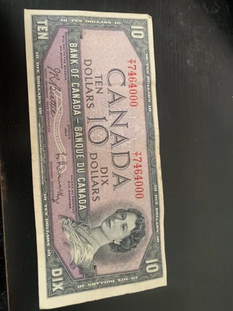1954 BANK OF CANADA TEN 10 DOLLAR BANK NOTE YT 7464000 NICE BILL, Rare SN